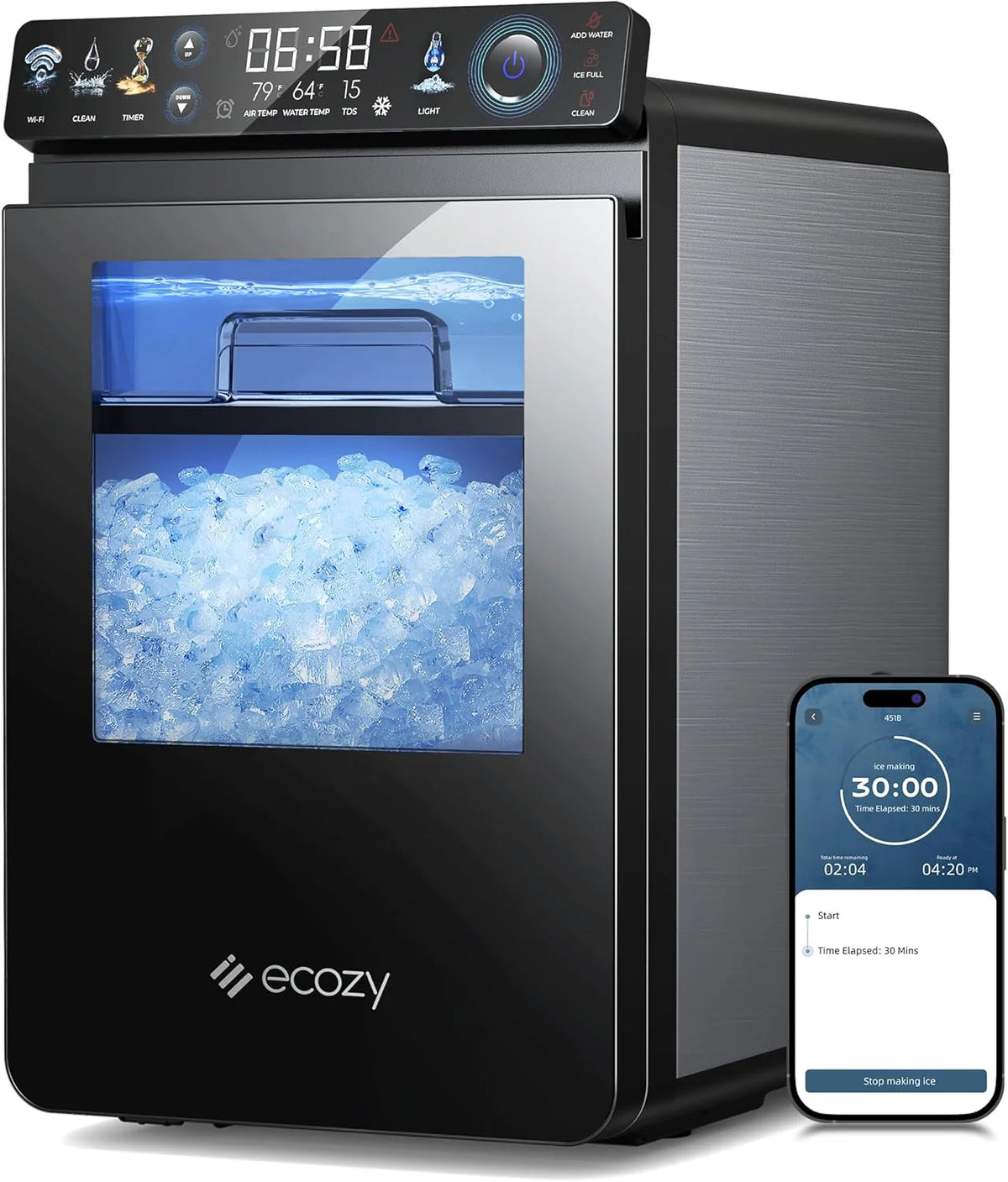 Nugget Ice Maker Countertop, Smart Pebble Ice Machine with App Control, 44 LBS/24H Soft Pellet Chewable Ice with Self-cleaning, Stainless…